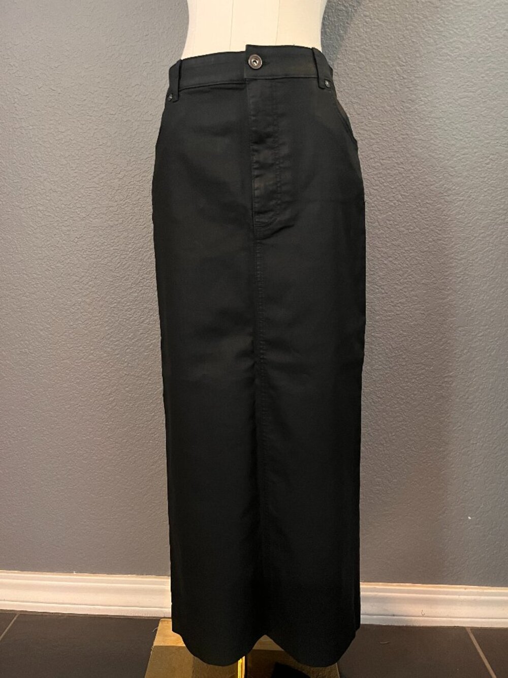 ZARA BLACK WAXED COATED DENIM MAXI PENCIL SKIRT - BACK SLIT JEAN SKIRT- NWOT - M